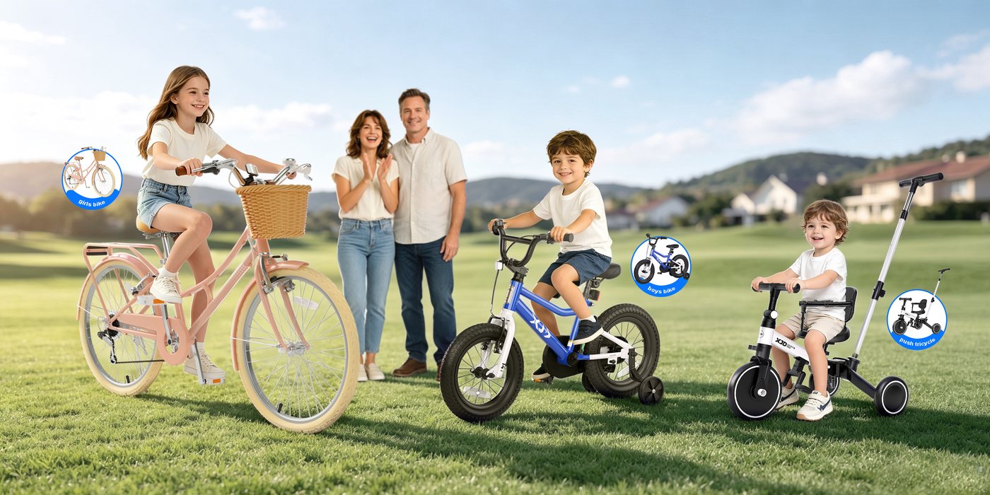 An XJD family on bikes of every size, from trike to cruiser